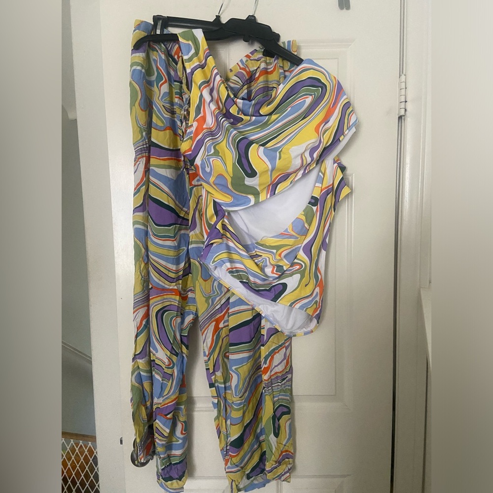 Eloquii Swirl Print Two-Piece Swim Set in Yellow, Purple, Green, Blue